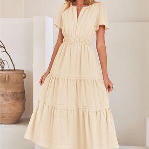 Relaxed V-Neck Apricot Midi Dress